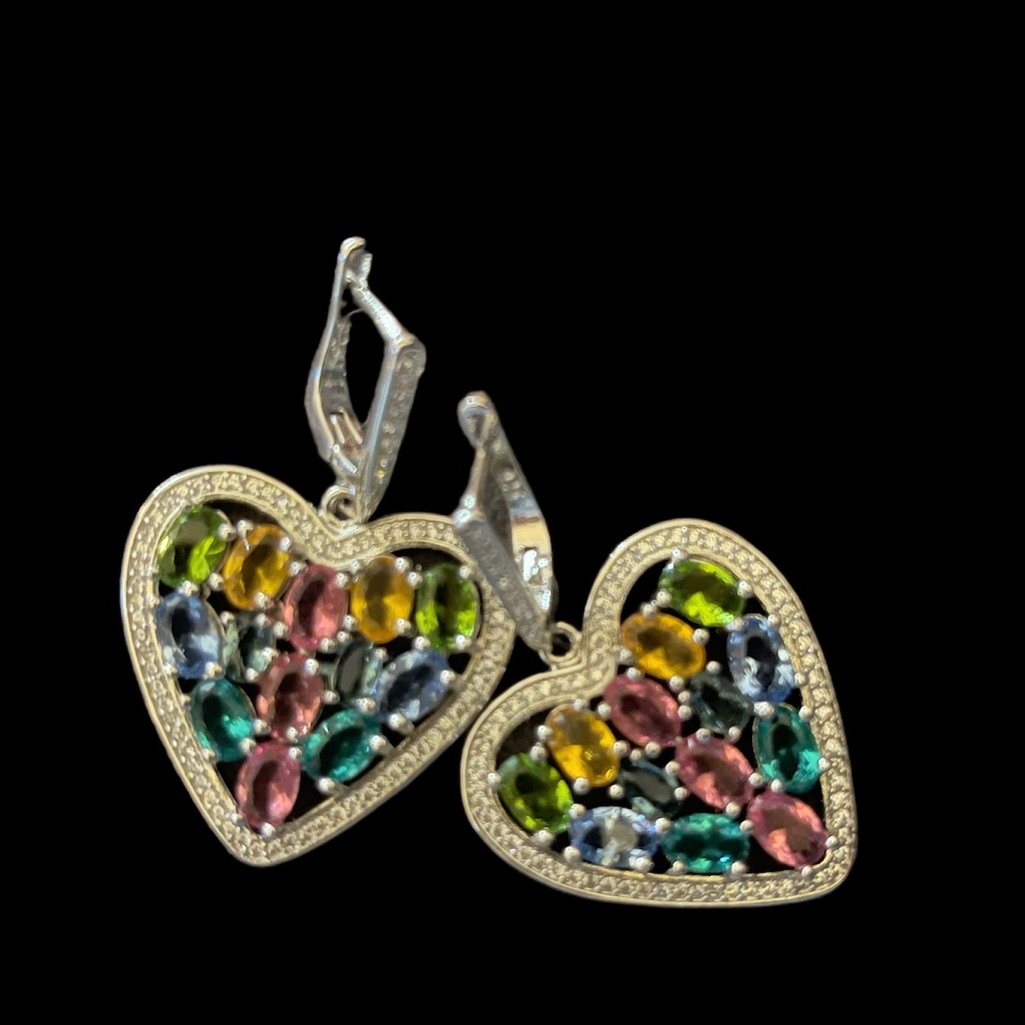 New Assorted Semi Precious Stones & .925 Silver Heart Earrings